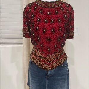 Papell Boutique Red and Black Embroidered Blouse
